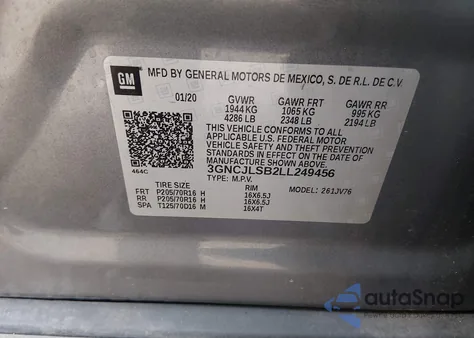 2020 Chevrolet Trax Fwd Lt из США, поврежденный, VIN 3GNCJLSB2LL249456